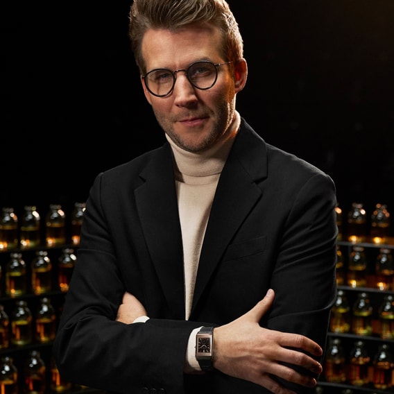 Portrait of the Made of Makers, the French Perfumer Nicolas Bonneville wearing a watch, a Jaeger-LeCoultre Reverso Tribute Monoface Small Seconds black dial, Q713257J