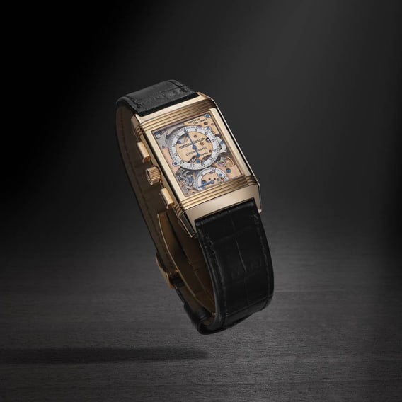 Levitation asset of an heritage Jaeger-LeCoultre Reverso Chronograph Watch on a black background