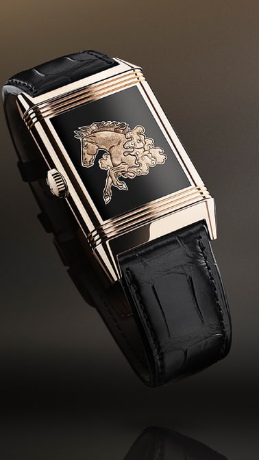 Pink Gold Reverso Tribute Enamel 'Horse' Man Watch Q39324D3