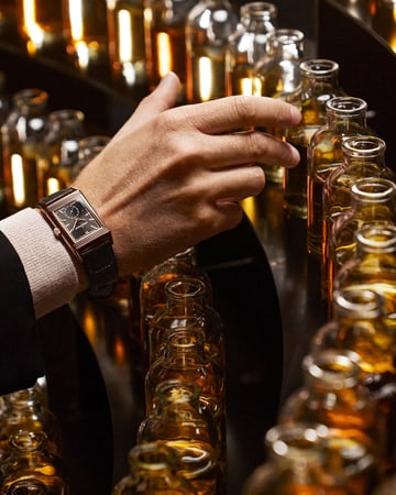 Made of Makers, the French Perfumer Nicolas Bonneville, choosing ingredients to create a fragrance creation for Jaeger-LeCoultre and wearing a watch, a Reverso Tribute Monoface Small Seconds black dial, Q713257J