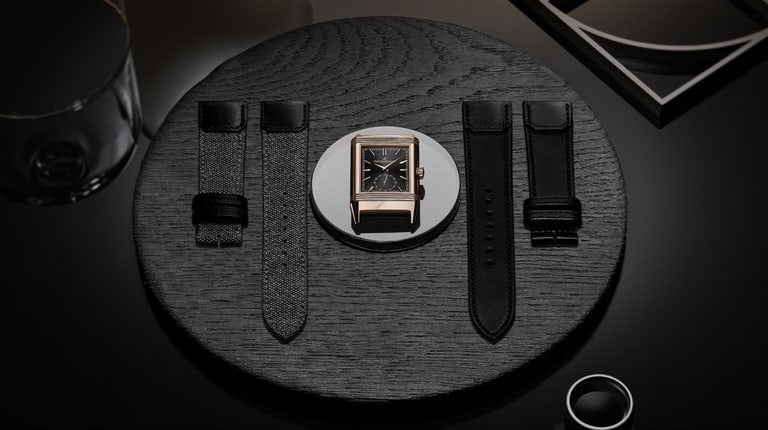 Jaeger-LeCoultre Refined shot Reverso Tribute Small Seconds Pink Gold with black dial and straps