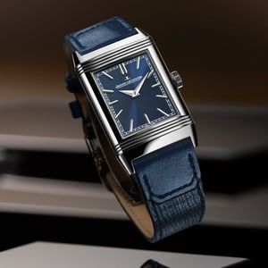 Imagen de reloj Jaeger-LeCoultre flotando, un Reverso Tribute Monoface en acero inoxidable con la esfera azul - Q716848J