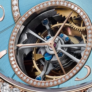 Close up asset of the Tourbillon surrounded by diamonds of the Rendez-Vous Jewellery Tourbillon with the serenity blue dial - Q3412480