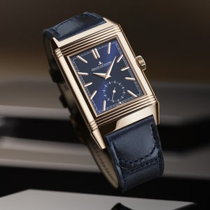 Imagen de reloj Jaeger-LeCoultre flotando, un Reverso Tribute Duoface Small Seconds en oro rosa con la esfera azul - Q3982590